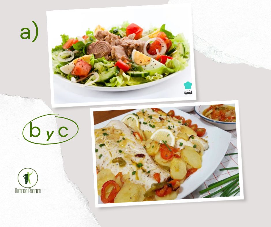 Ensalada de verduras variadas con merluza al horno con patatas y pimentos.